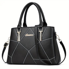 Geometric Stitch Handbag Scarf & Pom Pom Ball Decor Shoulder Bag