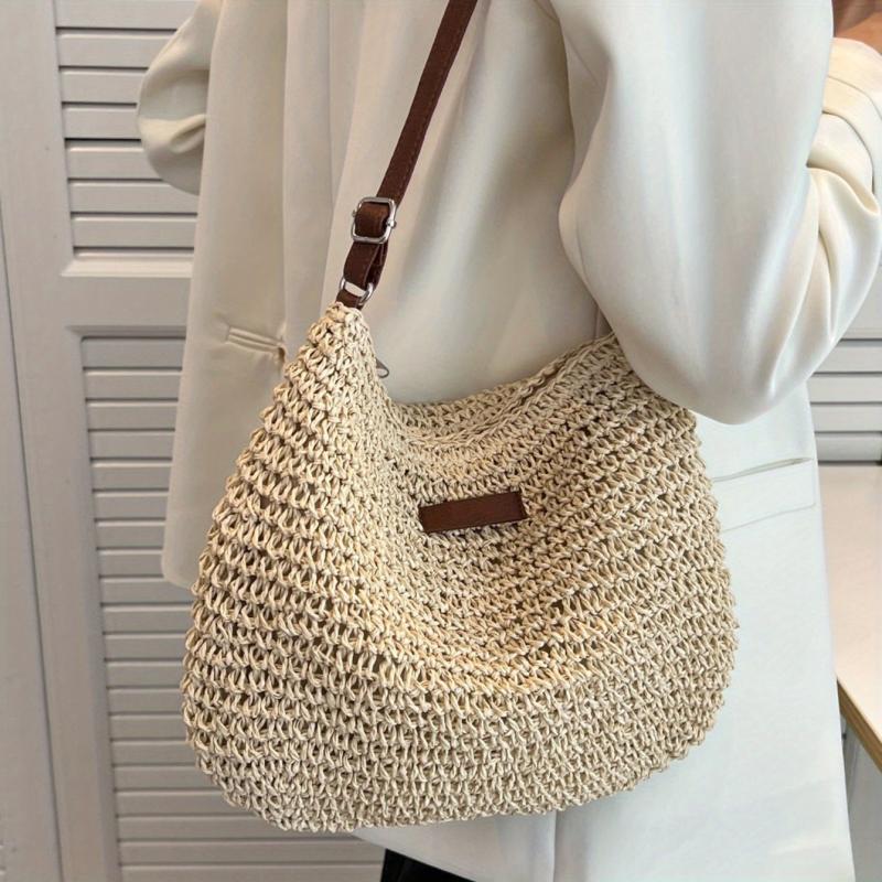 Minimalist Straw Shoulder Bag Zipper All Match Bag