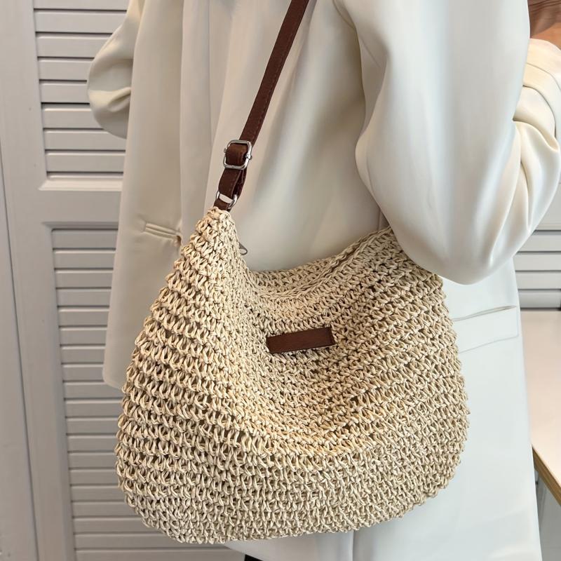 Minimalist Straw Shoulder Bag Zipper All Match Bag