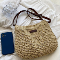 Minimalist Straw Shoulder Bag Zipper All Match Bag