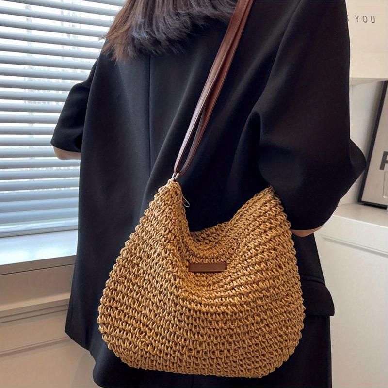 Minimalist Straw Shoulder Bag Zipper All Match Bag