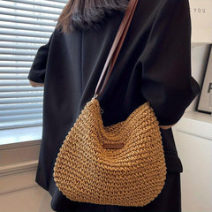 Minimalist Straw Shoulder Bag Zipper All Match Bag