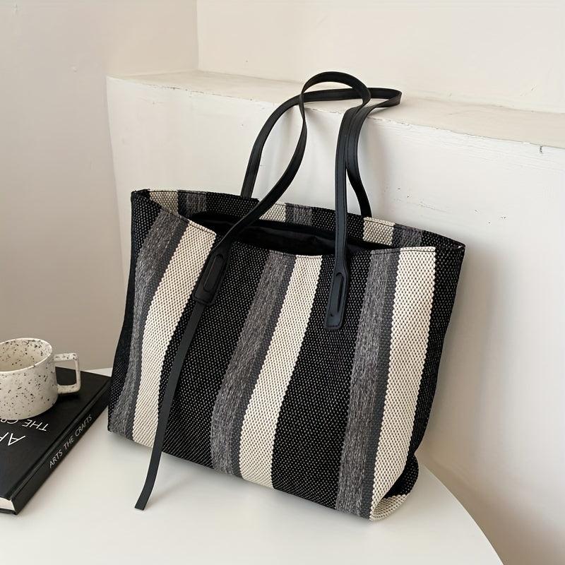 Striped Canvas Tote Bag Large Capacity Shoulder Bag Women's Handbag