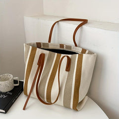 Striped Canvas Tote Bag Large Capacity Shoulder Bag Women's Handbag