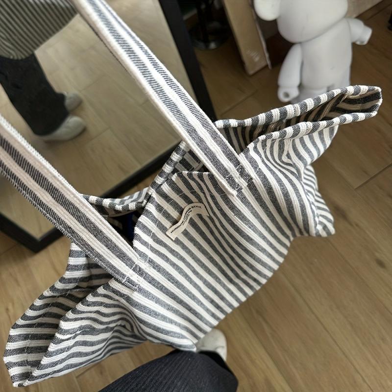 Striped Fabric Shopping Bag Foldable Large Capacity Shoulder Bag