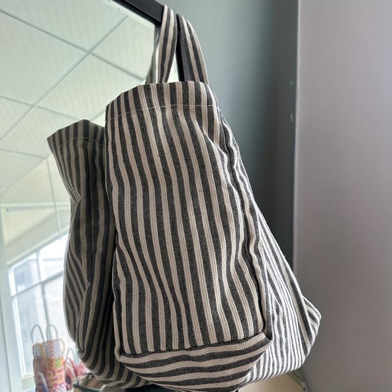 Striped Fabric Shopping Bag Foldable Large Capacity Shoulder Bag