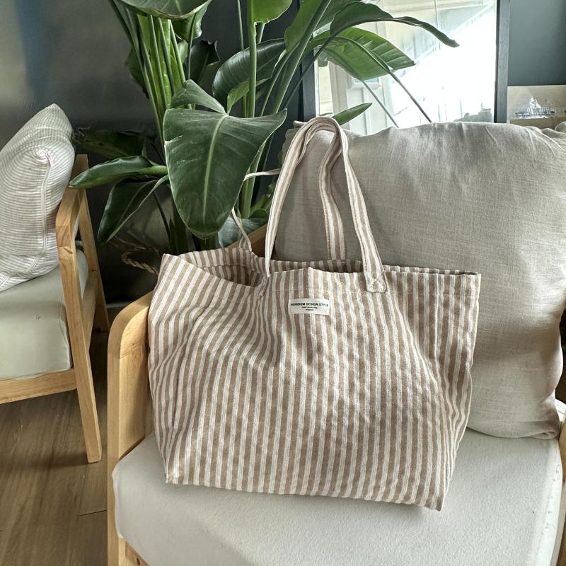 Striped Fabric Shopping Bag Foldable Large Capacity Shoulder Bag