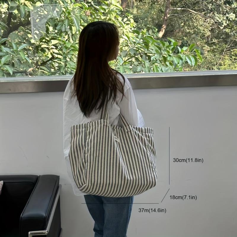 Striped Fabric Shopping Bag Foldable Large Capacity Shoulder Bag