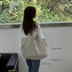 Striped Fabric Shopping Bag Foldable Large Capacity Shoulder Bag