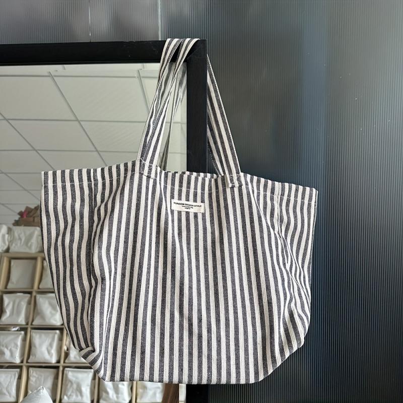 Striped Fabric Shopping Bag Foldable Large Capacity Shoulder Bag