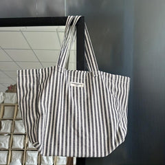 Striped Fabric Shopping Bag Foldable Large Capacity Shoulder Bag