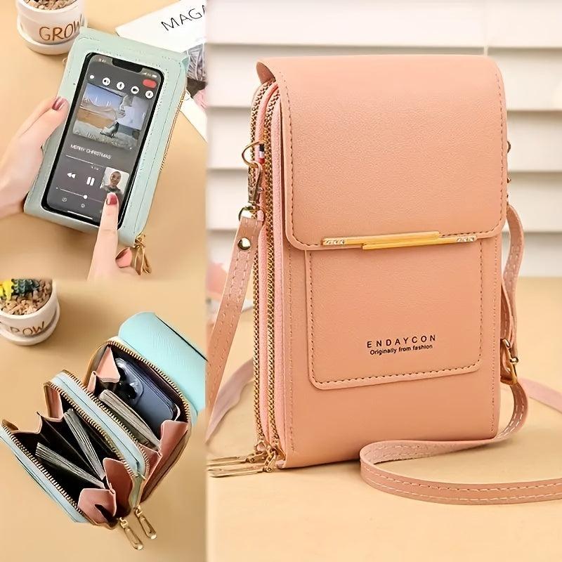 Women's Touch Screen Phone Bag Zipper Satchel Solid PU Leather Purse