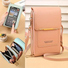 Women's Touch Screen Phone Bag Zipper Satchel Solid PU Leather Purse