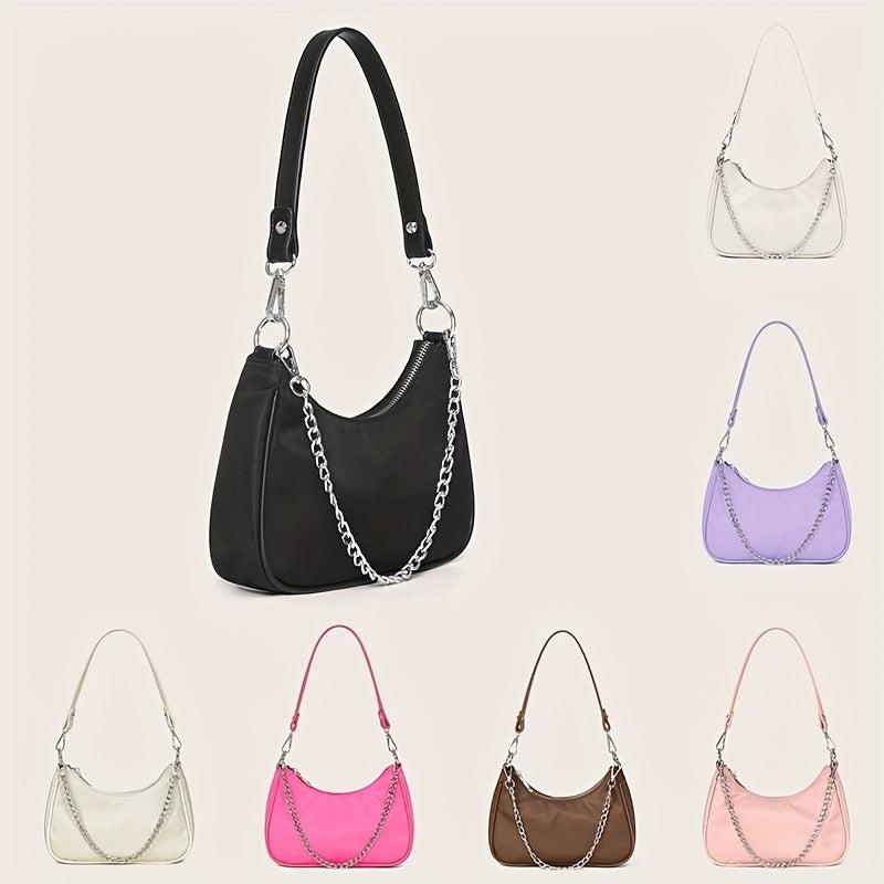 Y2K Chain Baguette Bag Nylon Shoulder Bag Women's Solid Purse