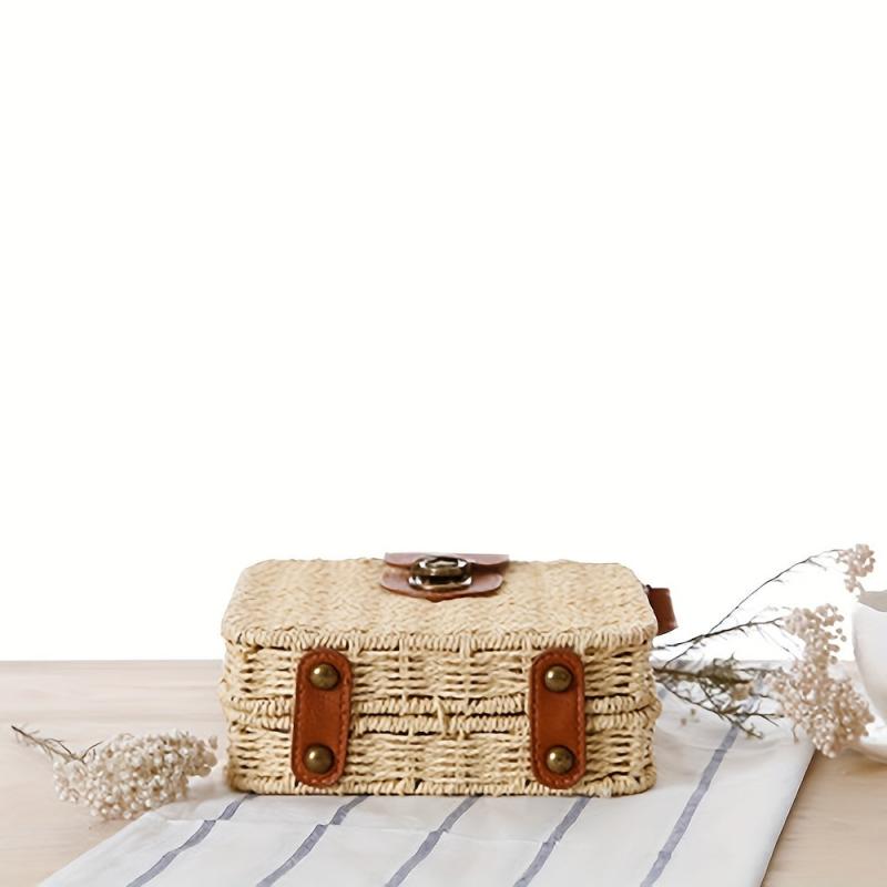 Vintage Rattan Woven Square Bag Crossbody Beach Bag