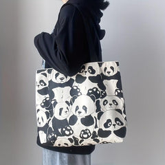 Panda Pattern Canvas Shoulder Bag Large Capacity Zipper Handbag