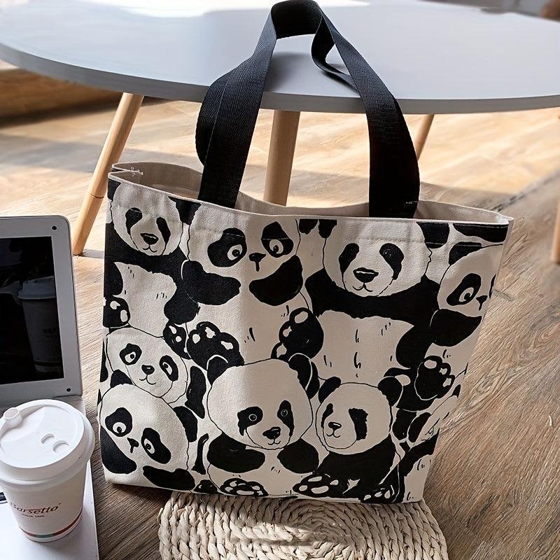 Panda Pattern Canvas Shoulder Bag Large Capacity Zipper Handbag