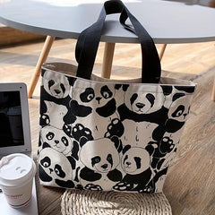 Panda Pattern Canvas Shoulder Bag Large Capacity Zipper Handbag