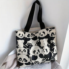 Panda Pattern Canvas Shoulder Bag Large Capacity Zipper Handbag
