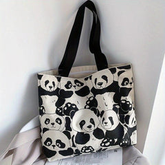 Panda Pattern Canvas Shoulder Bag Large Capacity Zipper Handbag