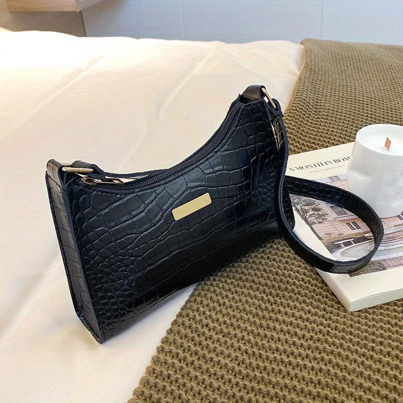 Crocodile Embossed Baguette Bag Solid Shoulder Bag All Match Underarm Bag