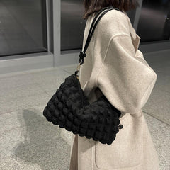 Minimalist Ruched Shoulder Bag Solid Zipper Handbag Women's Underarm Purse