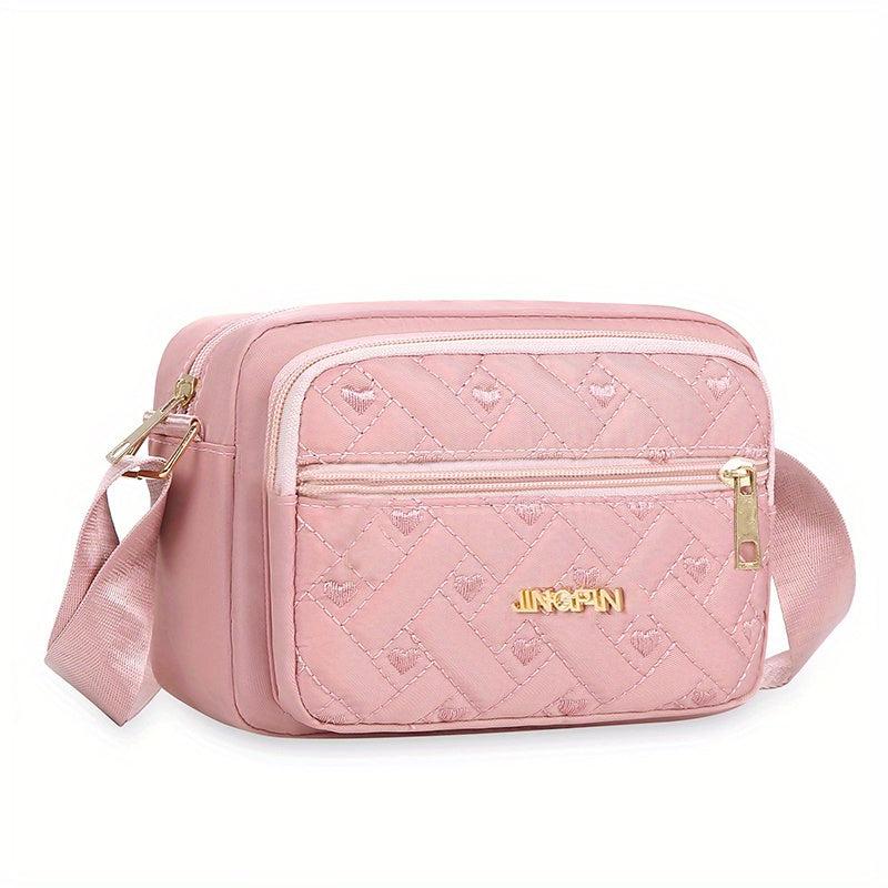 Heart Embroidery Crossbody Bag Nylon Shoulder Bag Women's Zipper Square Purse