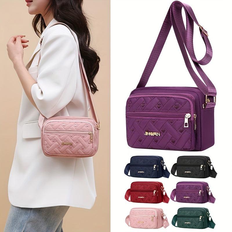 Heart Embroidery Crossbody Bag Nylon Shoulder Bag Women's Zipper Square Purse
