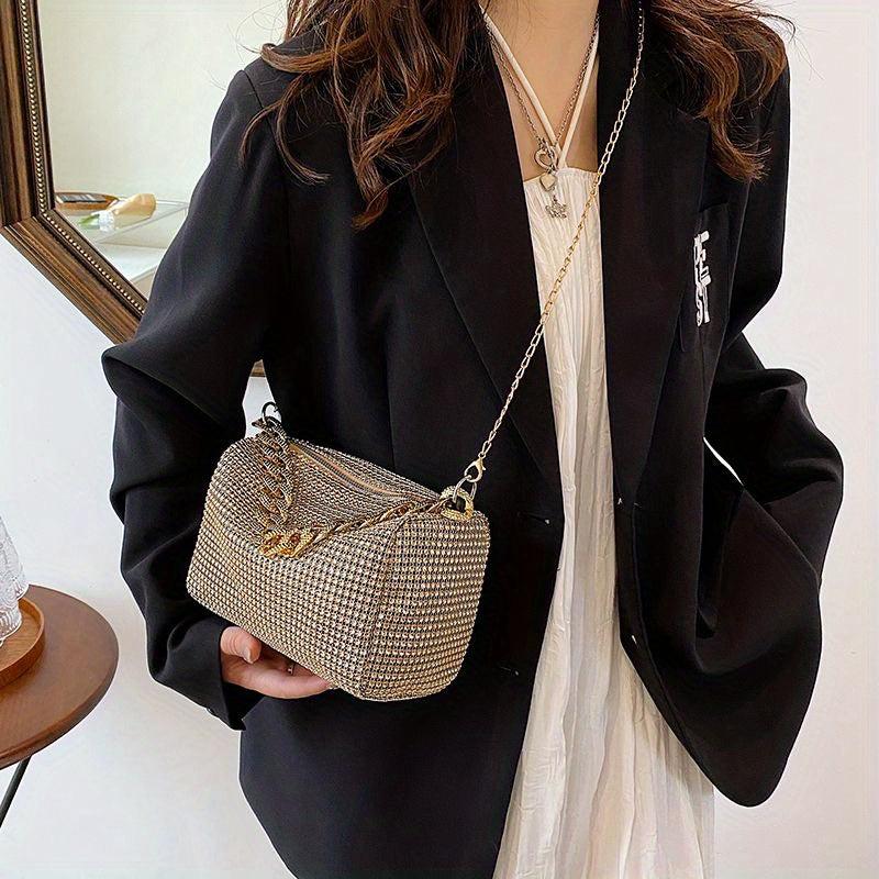 Glitter Rhinestone Evening Bucket Bag Crossbody Chain Handbag