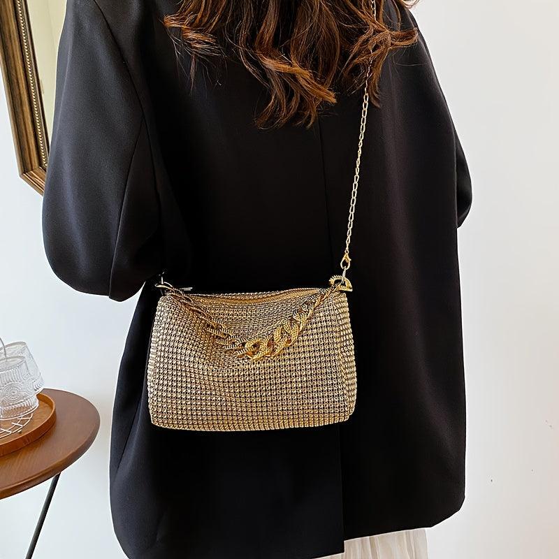 Glitter Rhinestone Evening Bucket Bag Crossbody Chain Handbag