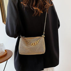 Glitter Rhinestone Evening Bucket Bag Crossbody Chain Handbag