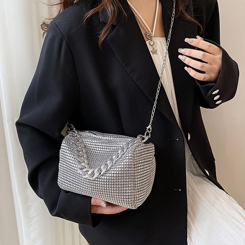 Glitter Rhinestone Evening Bucket Bag Crossbody Chain Handbag