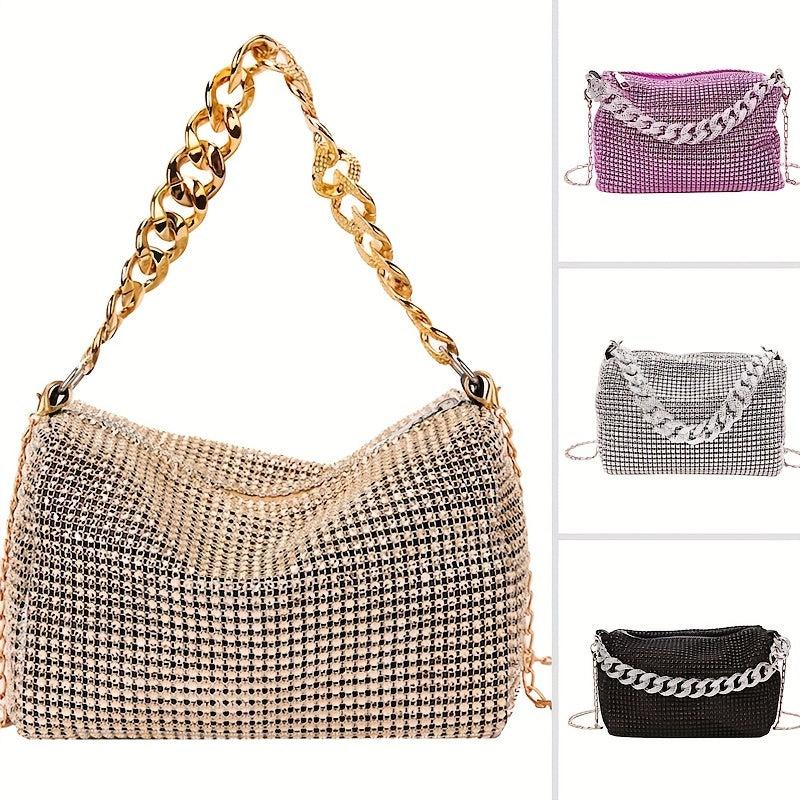 Glitter Rhinestone Evening Bucket Bag Crossbody Chain Handbag