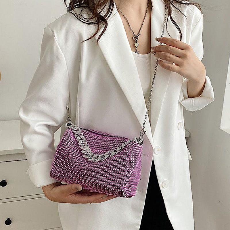 Glitter Rhinestone Evening Bucket Bag Crossbody Chain Handbag