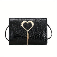 Metal Heart Decor Crossbody Bag PU Leather Textured Flap Bag Purse