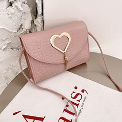 Metal Heart Decor Crossbody Bag PU Leather Textured Flap Bag Purse