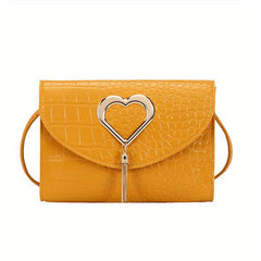 Metal Heart Decor Crossbody Bag PU Leather Textured Flap Bag Purse
