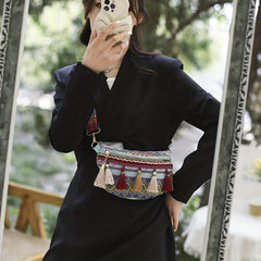 Ethnic Style Fanny Pack Canvas Tassel Crossbody Bag