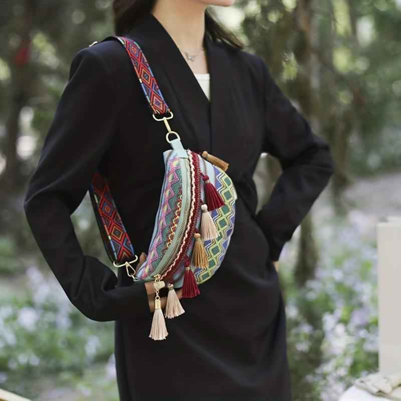 Ethnic Style Fanny Pack Canvas Tassel Crossbody Bag