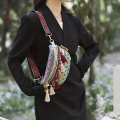 Ethnic Style Fanny Pack Canvas Tassel Crossbody Bag