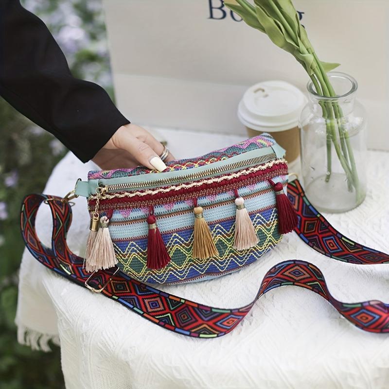Ethnic Style Fanny Pack Canvas Tassel Crossbody Bag