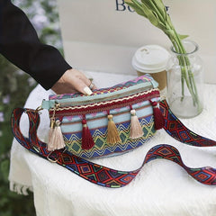 Ethnic Style Fanny Pack Canvas Tassel Crossbody Bag
