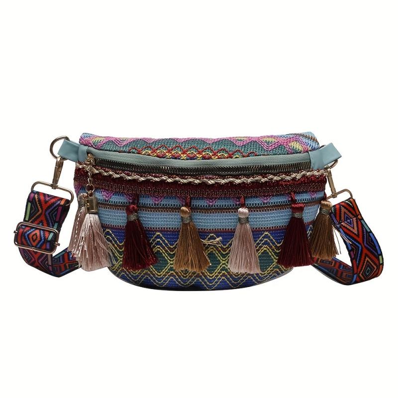 Ethnic Style Fanny Pack Canvas Tassel Crossbody Bag