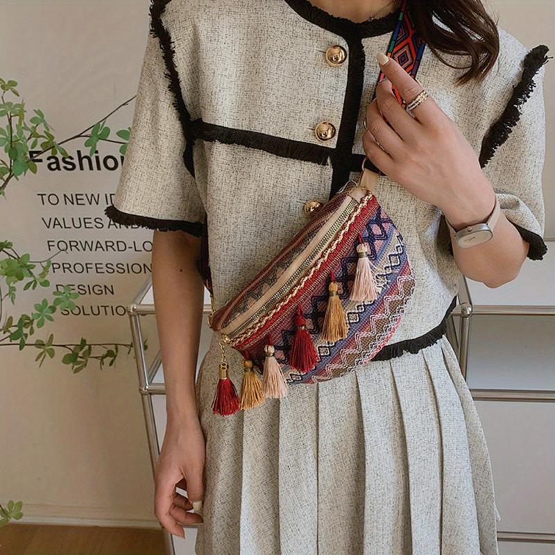 Ethnic Style Fanny Pack Canvas Tassel Crossbody Bag