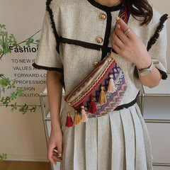 Ethnic Style Fanny Pack Canvas Tassel Crossbody Bag