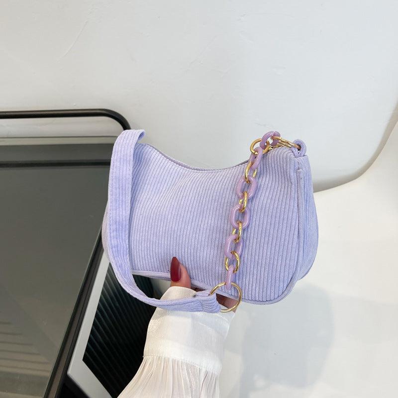 Corduroy Shoulder Bag Chain Strap Zipper Handbag