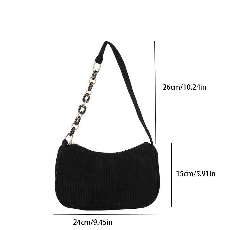 Corduroy Shoulder Bag Chain Strap Zipper Handbag