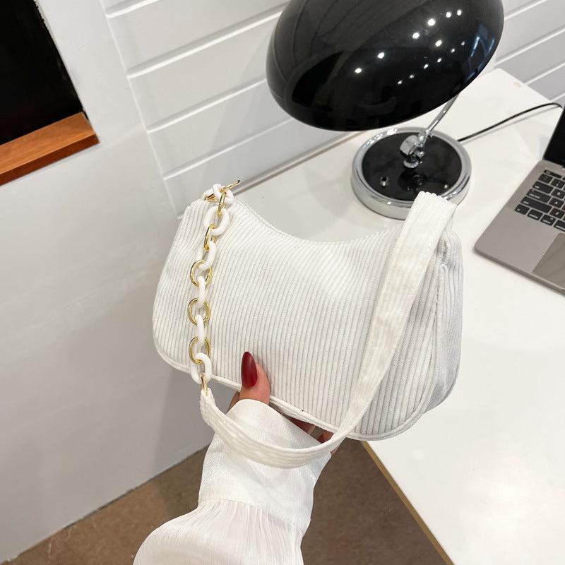 Corduroy Shoulder Bag Chain Strap Zipper Handbag