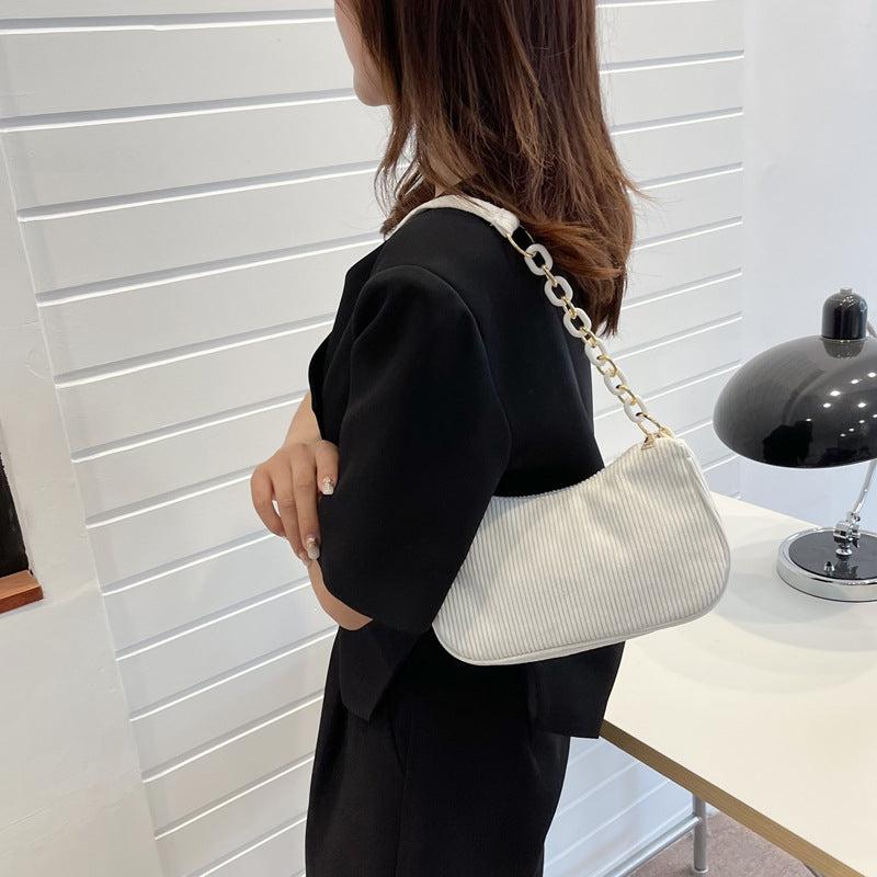 Corduroy Shoulder Bag Chain Strap Zipper Handbag