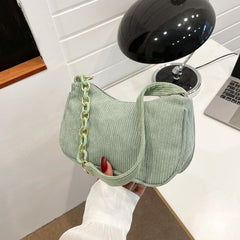 Corduroy Shoulder Bag Chain Strap Zipper Handbag